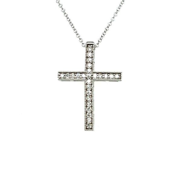 Natural Diamond Cross Pendant with Chain 17" 14k W Gold 0.25 CT Certified 307922 - Picture 1 of 15